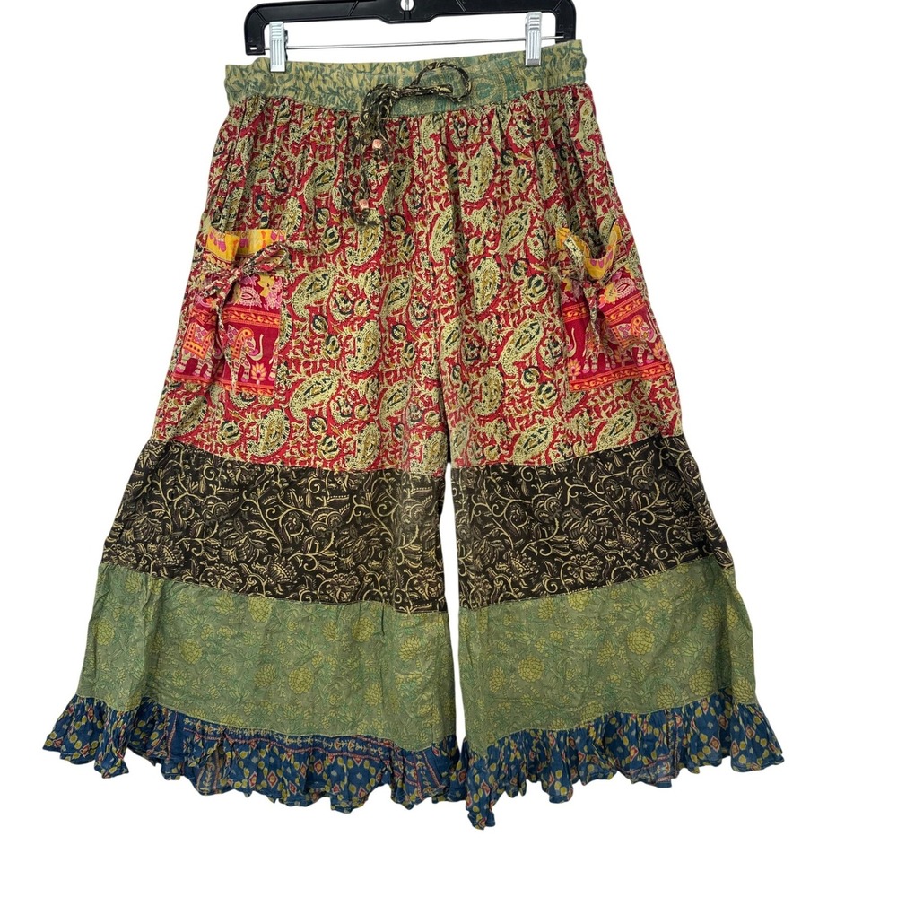 Hippie Forever Pants Womens L Multicolor Wide Leg Tiered Ruffle Boho Festival